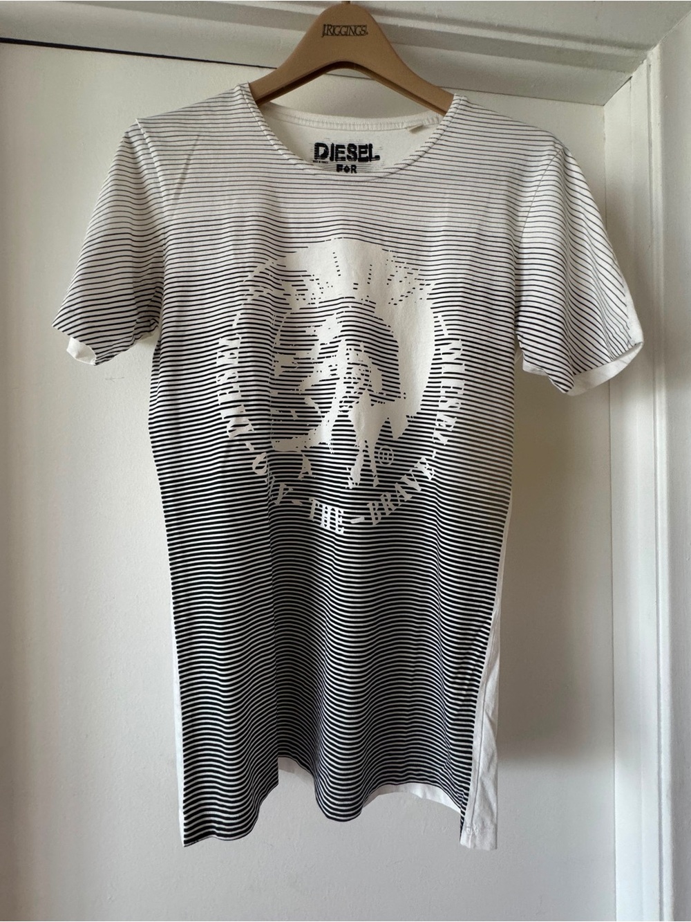 Diesel White and Black Striped Graphic Short-Sleeve Tee